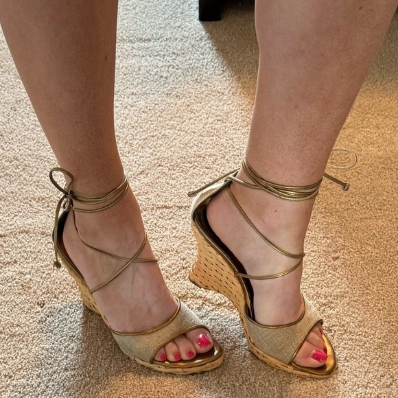 Platform Wedge Strappy Sandals EUC Straw Metallic Tie Up Canvas Espadr… - Picture 1 of 15